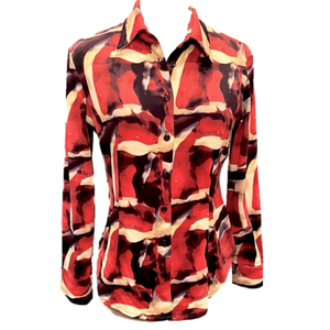 Vintage Iceberg Abstract Print Stretch Jersey Button Down Blouse Shirt Sz 40 Red